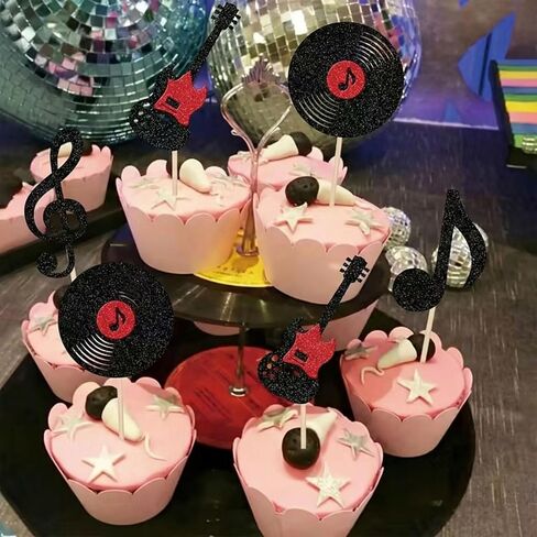 24 Pcs Music Notes Cupcake Toppers Glitter Guitar Rock Cupcake Picks Vinyl Record Cake Decorations for Retro Rock and Roll Music Theme Baby Shower Kids Birthday Party in Saudi Arabia