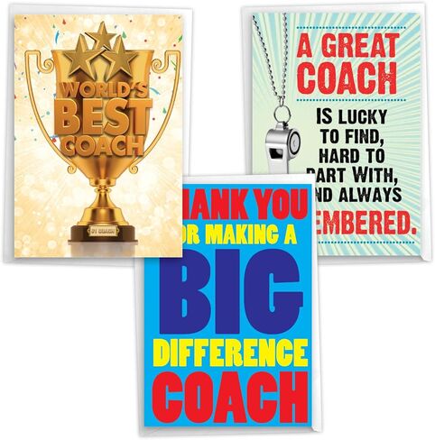 NobleWorks - Assortment Variety Bulk Pack of 3 School Teacher Thank You Greeting Cards (Coach) with Envelopes (3 Designs, 1 Each) Team Sports Stationary Notecards, Best Coach VC8126TYG-C1x3 in Kuwait
