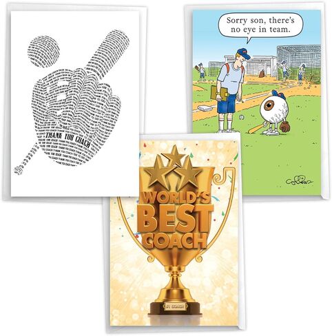 NobleWorks - Assortment Variety Bulk Pack of 3 School Teacher Thank You Greeting Cards (Coach) with Envelopes (3 Designs, 1 Each) Team Sports Stationary Notecards, Best Coach VC8126TYG-C1x3 in Kuwait
