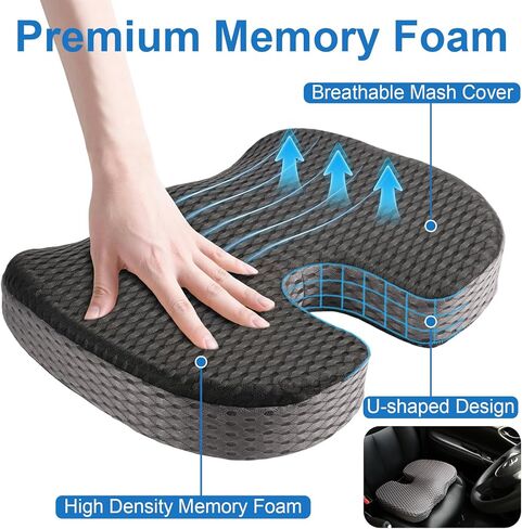 Car Seat Cushion for Driving Comfort & Support - Premium Memory Foam Seat Pad with Breathable Washable Cover, Non-Slip Bottom, Road Trip Essentials for Car Seats in Saudi Arabia