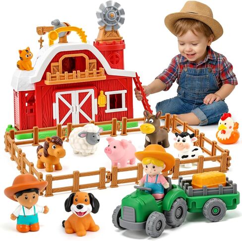 Toddler Farm Toys for 2 3 Year Old-All-in-One Barn Toy Set with Farm Animal Figures for Toddlers,Tractor&Fence,Educational Montessori-style Play Sets with Light&Sounds,Pretend Play Gift for Boys Girls in Saudi Arabia