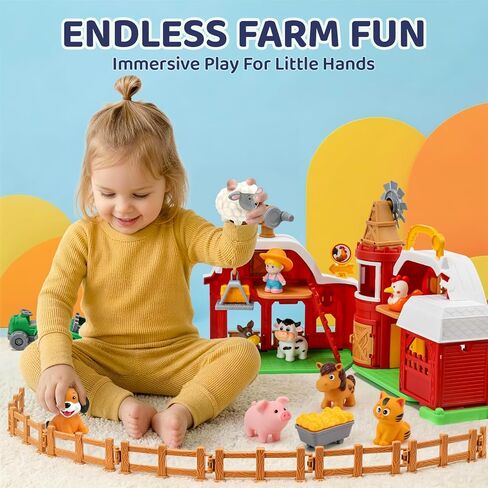 Toddler Farm Toys for 2 3 Year Old-All-in-One Barn Toy Set with Farm Animal Figures for Toddlers,Tractor&Fence,Educational Montessori-style Play Sets with Light&Sounds,Pretend Play Gift for Boys Girls in Saudi Arabia