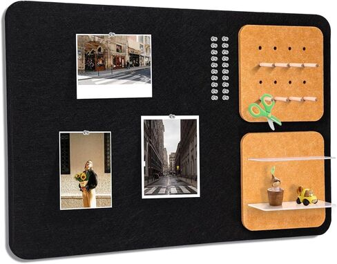 Wall Organizer Bulletin Board with Shelves and Key Holder, 2-in-1 Felt Pin Board for Photos, Notes, Keys and Small Accessories, Memo Board for Home Office Dorm, Black/Tan, 15.7"x23.6" in Saudi Arabia