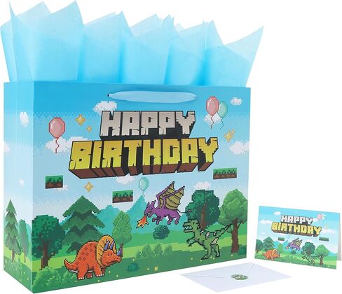 16.5'' Extra Large Pixel Birthday Gift Bag Set with Handles, Greeting Card, Blue Tissue Papers and Stickers for Boys Kids Teens Men for Birthday, Animation Party, Boy's Party, Dinosaur Design, 1 Pcs in Kuwait