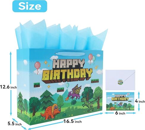 16.5'' Extra Large Pixel Birthday Gift Bag Set with Handles, Greeting Card, Blue Tissue Papers and Stickers for Boys Kids Teens Men for Birthday, Animation Party, Boy's Party, Dinosaur Design, 1 Pcs in Kuwait