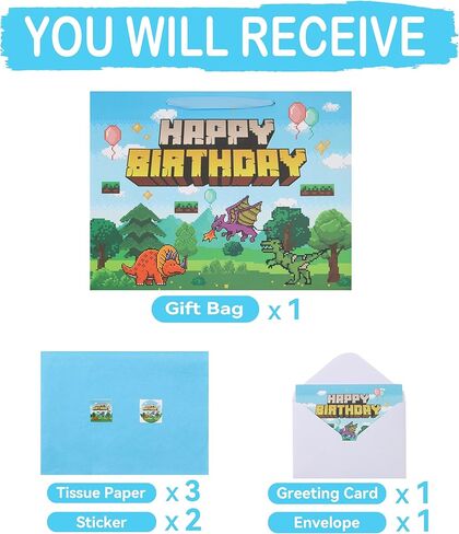 16.5'' Extra Large Pixel Birthday Gift Bag Set with Handles, Greeting Card, Blue Tissue Papers and Stickers for Boys Kids Teens Men for Birthday, Animation Party, Boy's Party, Dinosaur Design, 1 Pcs in Kuwait
