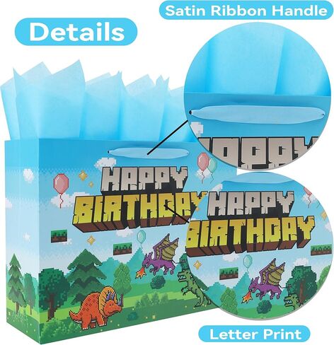 16.5'' Extra Large Pixel Birthday Gift Bag Set with Handles, Greeting Card, Blue Tissue Papers and Stickers for Boys Kids Teens Men for Birthday, Animation Party, Boy's Party, Dinosaur Design, 1 Pcs in Kuwait