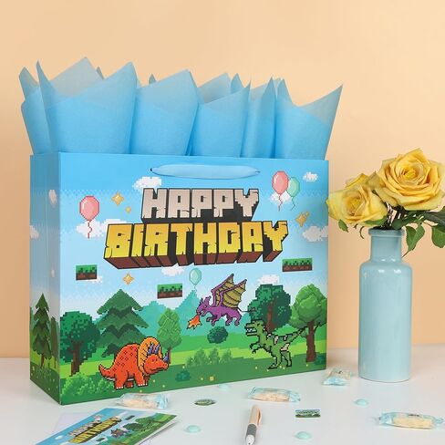 16.5'' Extra Large Pixel Birthday Gift Bag Set with Handles, Greeting Card, Blue Tissue Papers and Stickers for Boys Kids Teens Men for Birthday, Animation Party, Boy's Party, Dinosaur Design, 1 Pcs in Kuwait