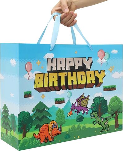 16.5'' Extra Large Pixel Birthday Gift Bag Set with Handles, Greeting Card, Blue Tissue Papers and Stickers for Boys Kids Teens Men for Birthday, Animation Party, Boy's Party, Dinosaur Design, 1 Pcs in Kuwait