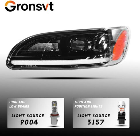 Headlights for Peterbilt 387 325 330 335 337 340 348 382 384 386 Truck High and Low Beam Bulb Left Driver and Right Passenger Side Pair LED Headlamp(Black) in Kuwait