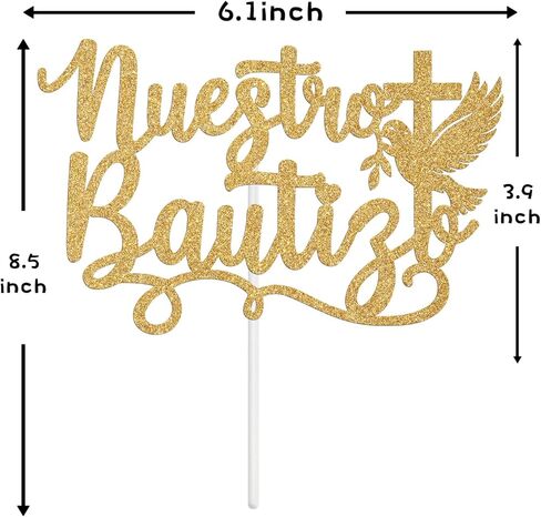 Nuestro Bautizo Cake Topper، الشركة الإسبانية الأولى المقدسة، Cross Dove My Confirmation، المعمودية الدينية، عيد الميلاد الأول، لوازم تزيين حفلات استقبال المولود الجديد، بريق ذهبي in Kuwait