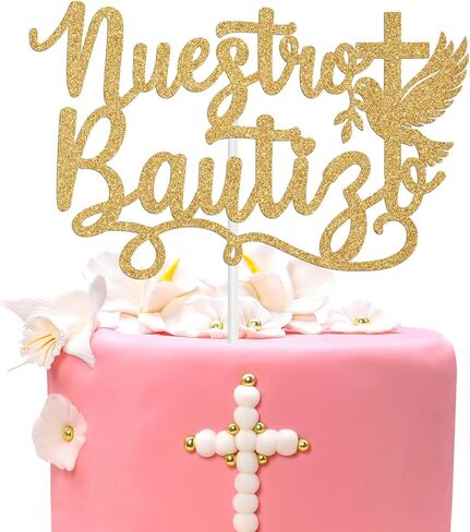 Nuestro Bautizo Cake Topper، الشركة الإسبانية الأولى المقدسة، Cross Dove My Confirmation، المعمودية الدينية، عيد الميلاد الأول، لوازم تزيين حفلات استقبال المولود الجديد، بريق ذهبي in Kuwait