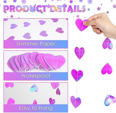 130 Feet Glitter Heart Garland Banners Kpop Decorations Hanging Bunting Hearts Purple Heart Streamers Double Side Decor Twinkle Garlands for Movie Anime Purple Wedding Dance Birthday Party Supplies in Kuwait
