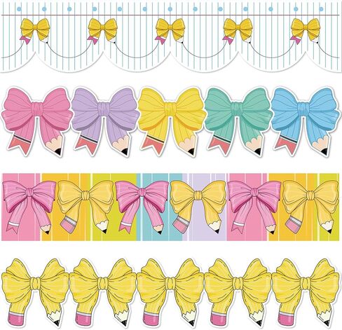 Pencil Coquette Bow Bulletin Board Border Composition Pencil Bowknot Die Cut Trim Border Colorful Cute Bow & Pencil Classroom Self-Adhesive Decoration for Back to School Chalkboard Door Wall Supplies in Saudi Arabia