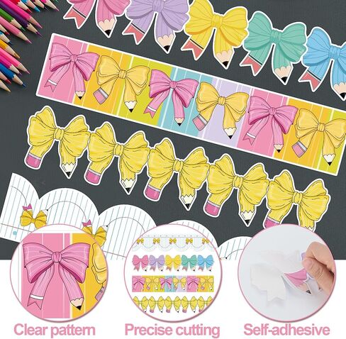 Pencil Coquette Bow Bulletin Board Border Composition Pencil Bowknot Die Cut Trim Border Colorful Cute Bow & Pencil Classroom Self-Adhesive Decoration for Back to School Chalkboard Door Wall Supplies in Saudi Arabia