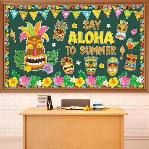 Summer Bulletin Board Decoration Set Hawaiian Luau Classroom Decorations Say Aloha to Summer Tropical Tiki Totem Floral Cutouts for Holiday Party Supplies School Home Office Chalkboard Wall Decor in Kuwait