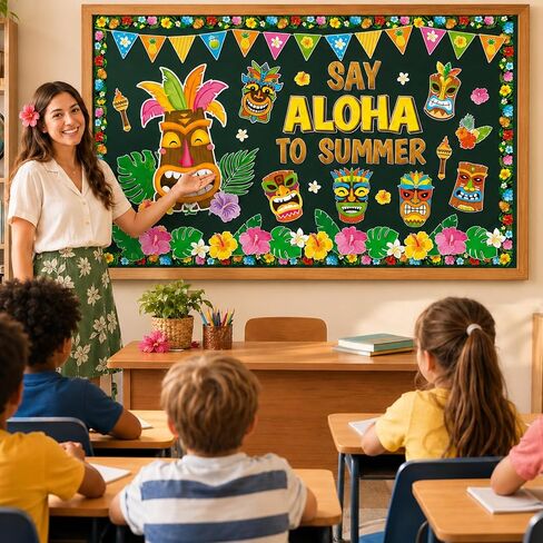 Summer Bulletin Board Decoration Set Hawaiian Luau Classroom Decorations Say Aloha to Summer Tropical Tiki Totem Floral Cutouts for Holiday Party Supplies School Home Office Chalkboard Wall Decor in Kuwait