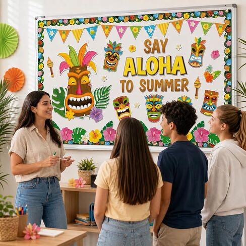 Summer Bulletin Board Decoration Set Hawaiian Luau Classroom Decorations Say Aloha to Summer Tropical Tiki Totem Floral Cutouts for Holiday Party Supplies School Home Office Chalkboard Wall Decor in Kuwait