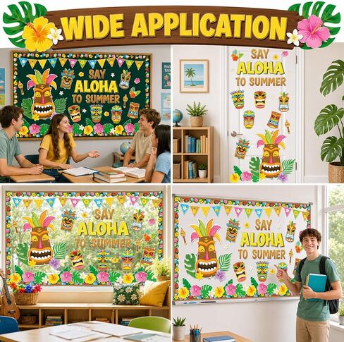 Summer Bulletin Board Decoration Set Hawaiian Luau Classroom Decorations Say Aloha to Summer Tropical Tiki Totem Floral Cutouts for Holiday Party Supplies School Home Office Chalkboard Wall Decor in Kuwait