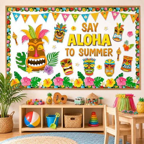Summer Bulletin Board Decoration Set Hawaiian Luau Classroom Decorations Say Aloha to Summer Tropical Tiki Totem Floral Cutouts for Holiday Party Supplies School Home Office Chalkboard Wall Decor in Kuwait