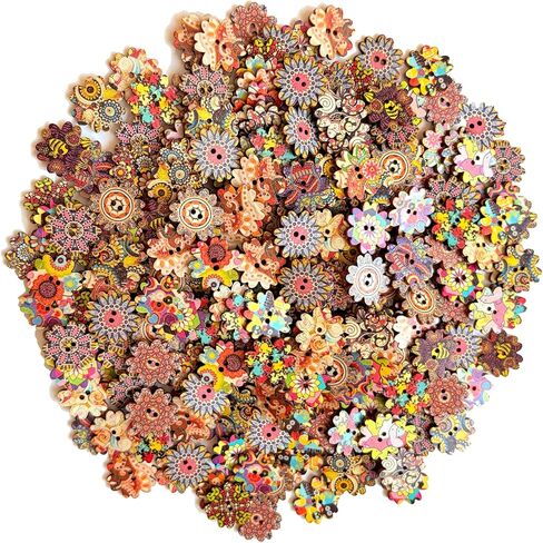 100 Pcs Double-Sided Multicolor Vintage Wooden Buttons, Round, 2cm (0.78 inch), Assorted Floral Patterns, Ideal for Sewing, Knitting, Crocheting & Scrapbooking, Style 1 in Saudi Arabia