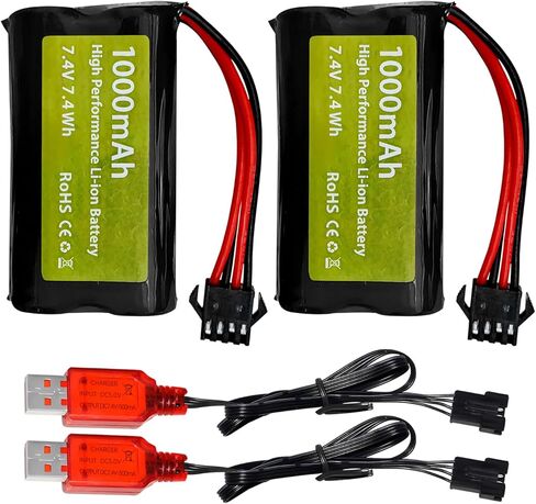 Sea Jump 2PCS 7.4V 2S 1000mAh بطارية ليثيوم أيون SM-4P التوصيل مع كابل شحن USB مناسب لـ M416 مسدس لعبة الجل الكهربائي EC16 DE85 RC لعبة سيارة التحكم عن بعد نموذج بطارية السيارة على الطرق الوعرة in Kuwait