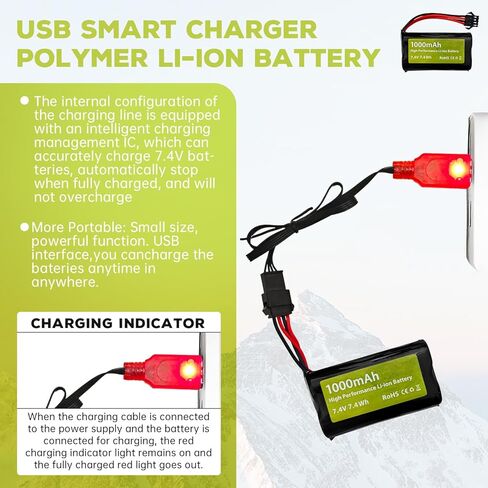 Sea Jump 2PCS 7.4V 2S 1000mAh بطارية ليثيوم أيون SM-4P التوصيل مع كابل شحن USB مناسب لـ M416 مسدس لعبة الجل الكهربائي EC16 DE85 RC لعبة سيارة التحكم عن بعد نموذج بطارية السيارة على الطرق الوعرة in Kuwait