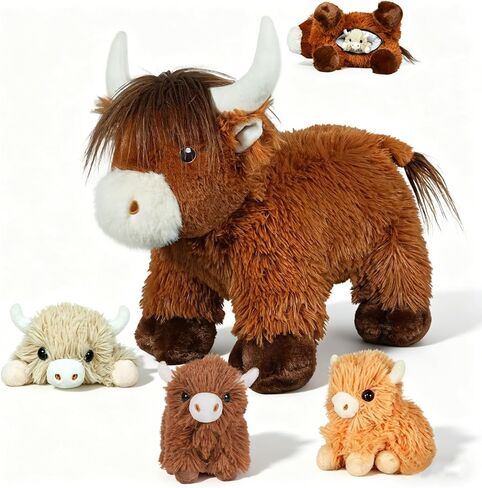 Highland Cow Stuffed Animals with 3 Baby Calves Inside – Fluffy Mommy Cow Plush, Surprise Babies for Imaginative Play, Cute Farm Plush Toys for Girls Boys Ages 3-8, Kids Travel & Gift Toy in Saudi Arabia