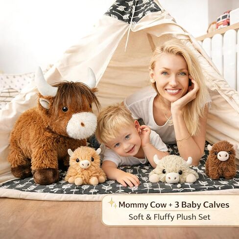 Highland Cow Stuffed Animals with 3 Baby Calves Inside – Fluffy Mommy Cow Plush, Surprise Babies for Imaginative Play, Cute Farm Plush Toys for Girls Boys Ages 3-8, Kids Travel & Gift Toy in Saudi Arabia