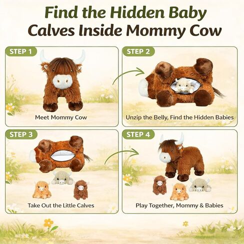 Highland Cow Stuffed Animals with 3 Baby Calves Inside – Fluffy Mommy Cow Plush, Surprise Babies for Imaginative Play, Cute Farm Plush Toys for Girls Boys Ages 3-8, Kids Travel & Gift Toy in Saudi Arabia