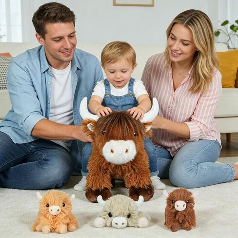 Highland Cow Stuffed Animals with 3 Baby Calves Inside – Fluffy Mommy Cow Plush, Surprise Babies for Imaginative Play, Cute Farm Plush Toys for Girls Boys Ages 3-8, Kids Travel & Gift Toy in Saudi Arabia