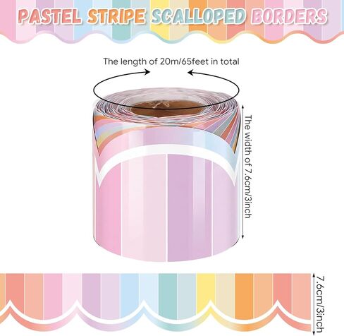 Zonon 65 ft Pastel Stripe Bulletin Board Border Pastel Ombre Wave Line Scalloped Rolled Border Trim Classrooms Decoration for Party Rolling Whiteboard, Walls, Desks, Windows, Doors, Lockers, Schools in Kuwait