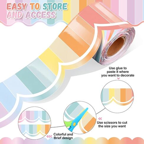 Zonon 65 ft Pastel Stripe Bulletin Board Border Pastel Ombre Wave Line Scalloped Rolled Border Trim Classrooms Decoration for Party Rolling Whiteboard, Walls, Desks, Windows, Doors, Lockers, Schools in Kuwait