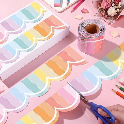 Zonon 65 ft Pastel Stripe Bulletin Board Border Pastel Ombre Wave Line Scalloped Rolled Border Trim Classrooms Decoration for Party Rolling Whiteboard, Walls, Desks, Windows, Doors, Lockers, Schools in Kuwait