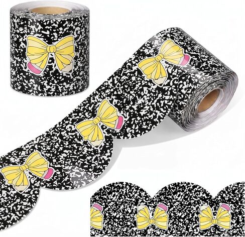 Zonon 65ft Composition Pencils Coquette Bow Bulletin Board Borders Black White Composition Notebook Pencils Bow Scalloped Trim Borders Classroom Bulletin Board Decorations for School Office DIY Crafts in Kuwait