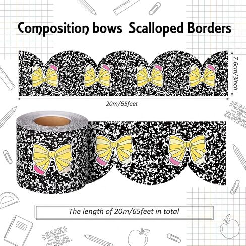 Zonon 65ft Composition Pencils Coquette Bow Bulletin Board Borders Black White Composition Notebook Pencils Bow Scalloped Trim Borders Classroom Bulletin Board Decorations for School Office DIY Crafts in Kuwait