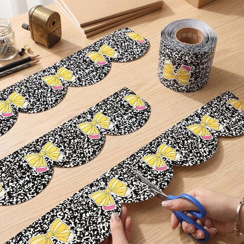 Zonon 65ft Composition Pencils Coquette Bow Bulletin Board Borders Black White Composition Notebook Pencils Bow Scalloped Trim Borders Classroom Bulletin Board Decorations for School Office DIY Crafts in Kuwait