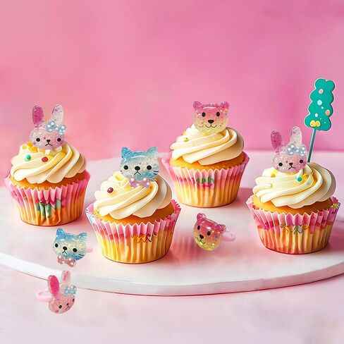 TSJ 12 PCS Animal Cupcake Rings Cat Bear Bunny Plastic Rings | Cute Cupcake Toppers for Easter, Baby Shower, Birthday Party Favors in Saudi Arabia