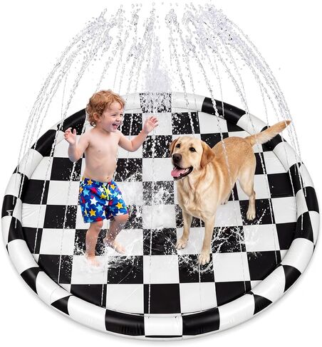 Skylety 60" Black White Checkered Non-Slip Kids Dog Splash Pad Sprinkler Large Splash Pad Sprinkler Fountain Play Mat Summer Outdoor Water Toys for Pet Dog Kids Toddlers Backyard in Saudi Arabia
