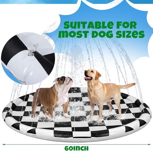 Skylety 60" Black White Checkered Non-Slip Kids Dog Splash Pad Sprinkler Large Splash Pad Sprinkler Fountain Play Mat Summer Outdoor Water Toys for Pet Dog Kids Toddlers Backyard in Saudi Arabia