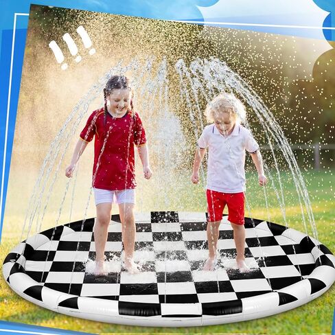 Skylety 60" Black White Checkered Non-Slip Kids Dog Splash Pad Sprinkler Large Splash Pad Sprinkler Fountain Play Mat Summer Outdoor Water Toys for Pet Dog Kids Toddlers Backyard in Saudi Arabia