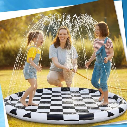 Skylety 60" Black White Checkered Non-Slip Kids Dog Splash Pad Sprinkler Large Splash Pad Sprinkler Fountain Play Mat Summer Outdoor Water Toys for Pet Dog Kids Toddlers Backyard in Saudi Arabia