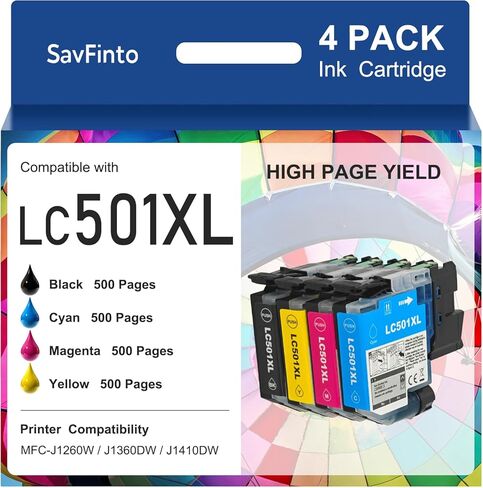 مجموعة خراطيش حبر LC501XL عالية الإنتاجية متوافقة مع خراطيش حبر Brother LC501XL LC501 بديل LC501 XL لطابعة Brother MFC-J1360DW MFC-J1410DW MFC-J1260W (4 عبوات، BCMY) in Kuwait