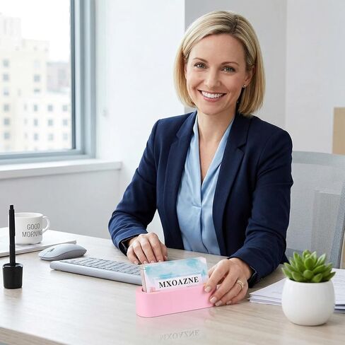 Cement Business Card Holder for Desk, Modern Desktop Business Name Card Display Stands for Women, Concrete Desk Decor, Pink in Saudi Arabia