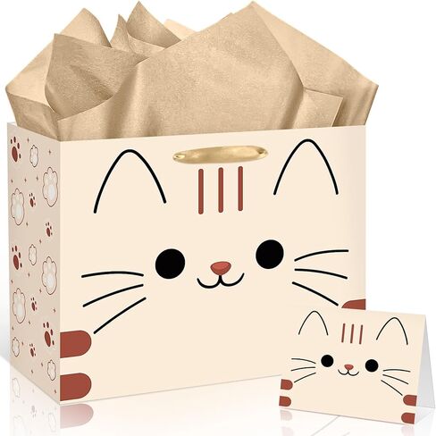 Kawaii Cat Birthday Gift Bag Chubby Cat Gift Wrapping Bag with Tissue Paper Card Funny Anime Kitty Cats Mom Lovers Favor Decorations for Girls Boys Feline Pet Adoption Baby Shower Party Supplies in Kuwait