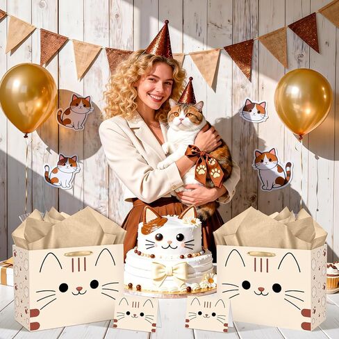 Kawaii Cat Birthday Gift Bag Chubby Cat Gift Wrapping Bag with Tissue Paper Card Funny Anime Kitty Cats Mom Lovers Favor Decorations for Girls Boys Feline Pet Adoption Baby Shower Party Supplies in Kuwait