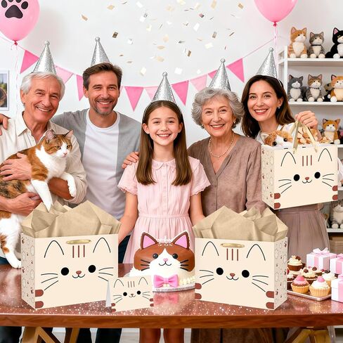 Kawaii Cat Birthday Gift Bag Chubby Cat Gift Wrapping Bag with Tissue Paper Card Funny Anime Kitty Cats Mom Lovers Favor Decorations for Girls Boys Feline Pet Adoption Baby Shower Party Supplies in Kuwait