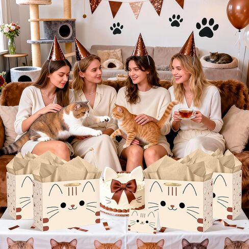 Kawaii Cat Birthday Gift Bag Chubby Cat Gift Wrapping Bag with Tissue Paper Card Funny Anime Kitty Cats Mom Lovers Favor Decorations for Girls Boys Feline Pet Adoption Baby Shower Party Supplies in Kuwait