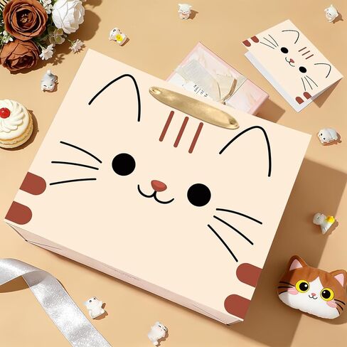 Kawaii Cat Birthday Gift Bag Chubby Cat Gift Wrapping Bag with Tissue Paper Card Funny Anime Kitty Cats Mom Lovers Favor Decorations for Girls Boys Feline Pet Adoption Baby Shower Party Supplies in Kuwait