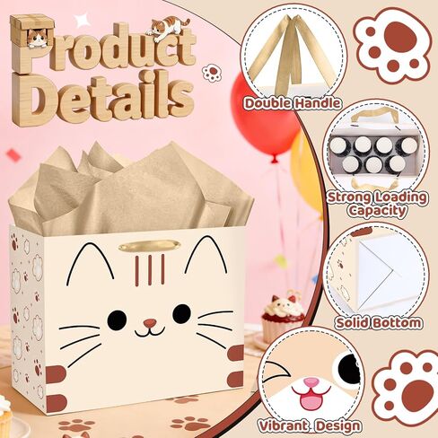 Kawaii Cat Birthday Gift Bag Chubby Cat Gift Wrapping Bag with Tissue Paper Card Funny Anime Kitty Cats Mom Lovers Favor Decorations for Girls Boys Feline Pet Adoption Baby Shower Party Supplies in Kuwait